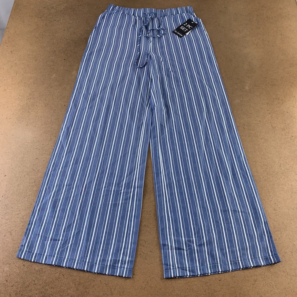 Nina Leonard Women's Small Blue Striped Drawstring Pocketed Wide Leg Pants NWT
